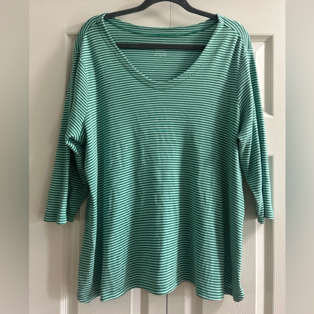 J. Jill Shirt Pima Cotton 3/4 Sleeve Women’s Size XL Petite Green White Stripe